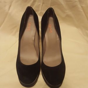 Navy blue high heeled suede shoes